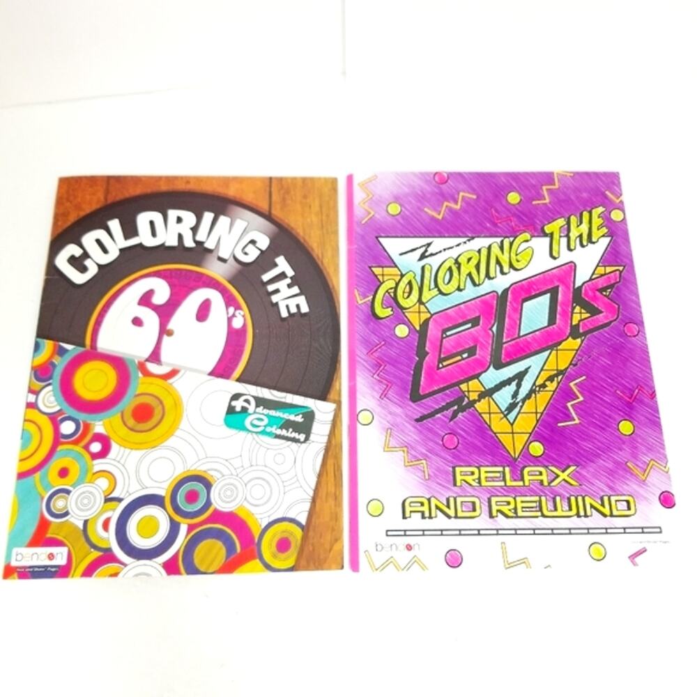 2 New 60s & 80s Adult Coloring Books 32 pages